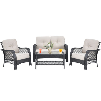 4-Piece Patio Wicker Furniture Set with Coffee Table and Cushions