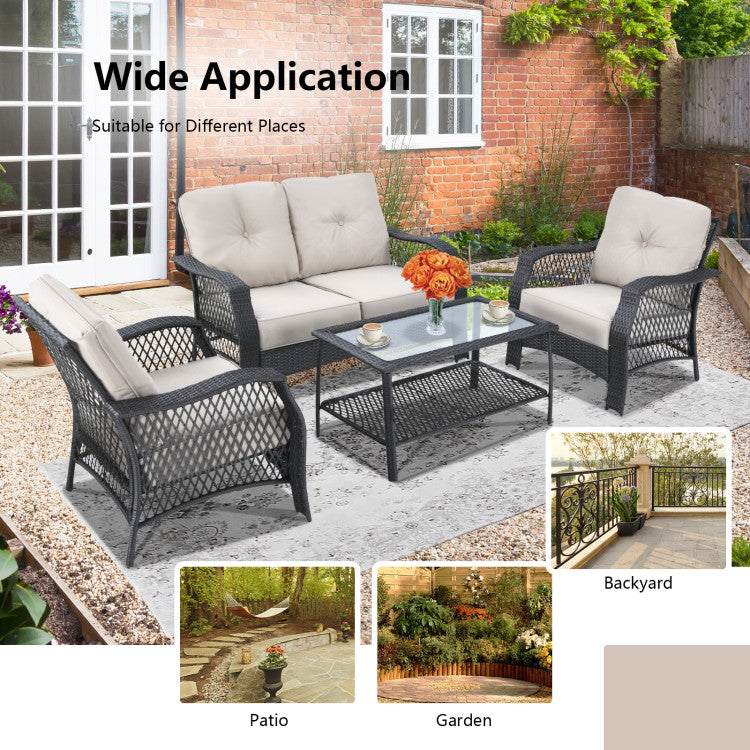 4-Piece Patio Wicker Furniture Set with Coffee Table and Cushions