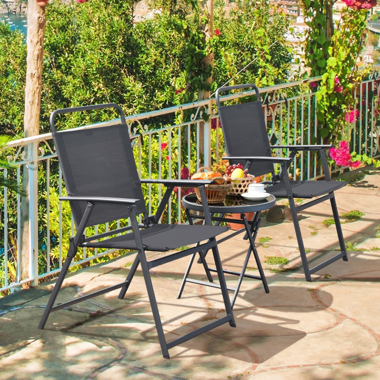 3-Piece Patio Table Set with Tempered Glass Round Table and 2 Lawn Chair