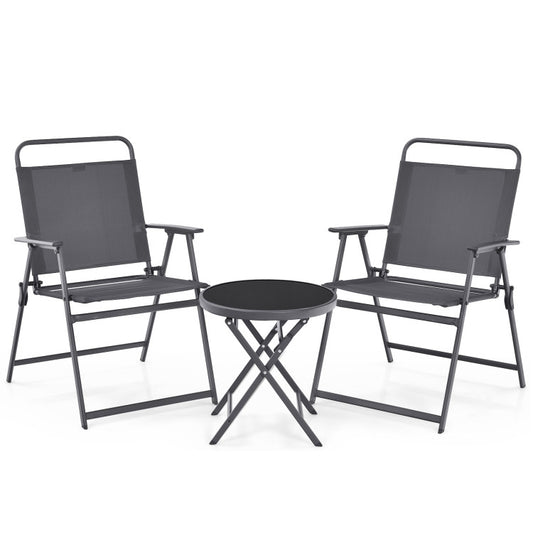 3-Piece Patio Table Set with Tempered Glass Round Table and 2 Lawn Chair