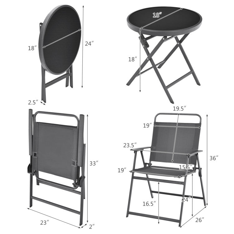 3-Piece Patio Table Set with Tempered Glass Round Table and 2 Lawn Chair