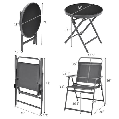 3-Piece Patio Table Set with Tempered Glass Round Table and 2 Lawn Chair