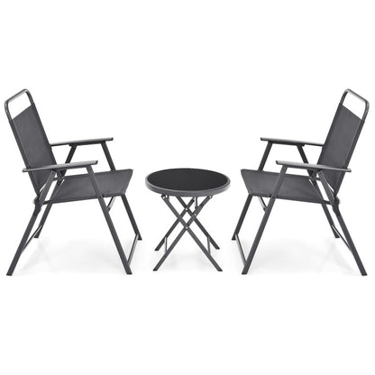 3-Piece Patio Table Set with Tempered Glass Round Table and 2 Lawn Chair