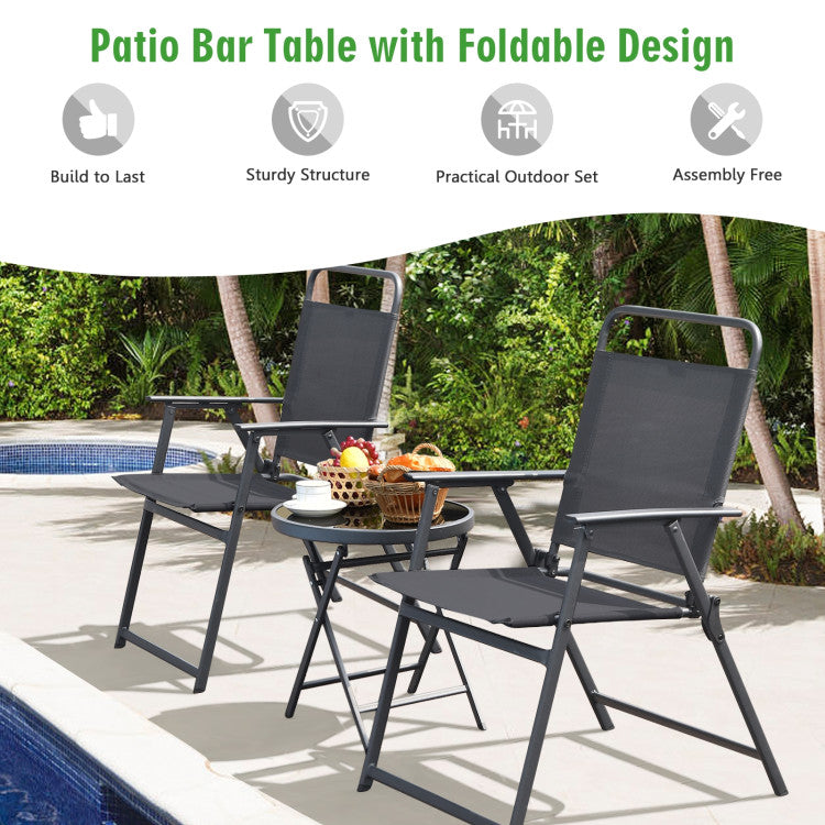 3-Piece Patio Table Set with Tempered Glass Round Table and 2 Lawn Chair