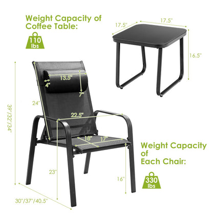 3-Piece Stackable Patio Bistro Conversation Set with Adjustable Backrest