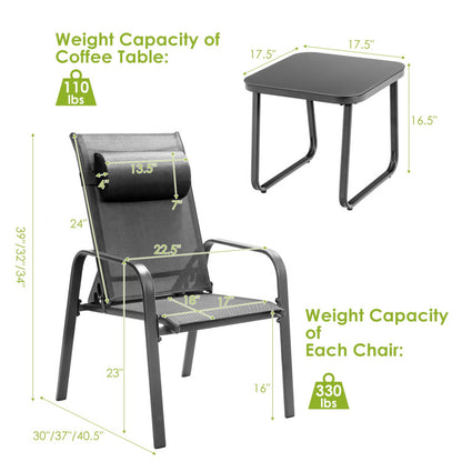 3-Piece Stackable Patio Bistro Conversation Set with Adjustable Backrest