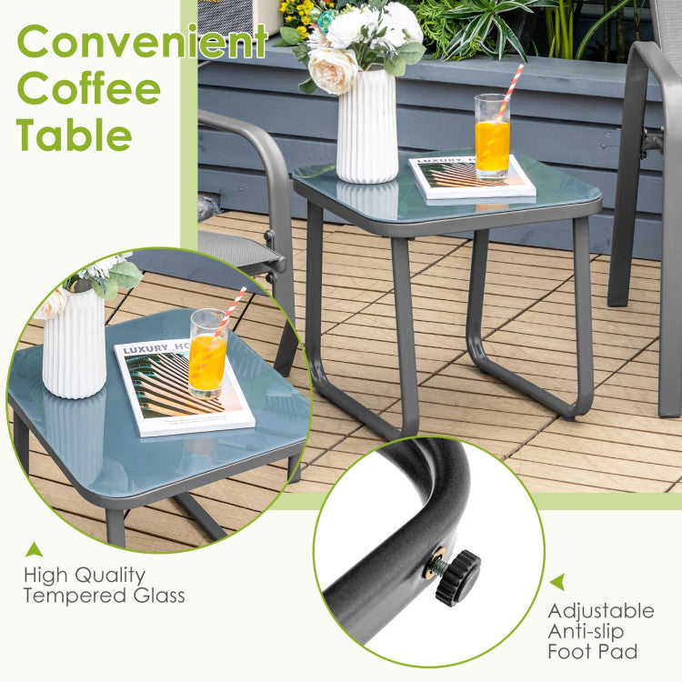 3-Piece Stackable Patio Bistro Conversation Set with Adjustable Backrest