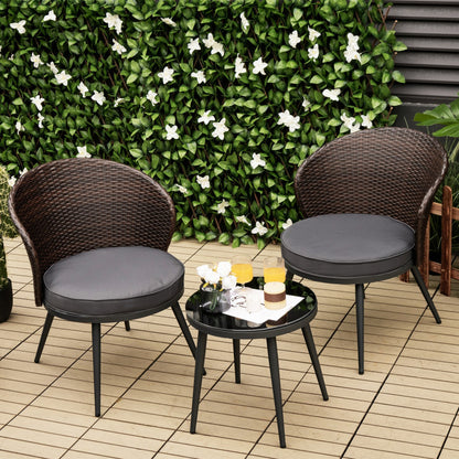 3-Piece Patio Rattan Bistro Set with 2 Seat Cushions and Tempered Glass Tabletop