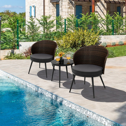 3-Piece Patio Rattan Bistro Set with 2 Seat Cushions and Tempered Glass Tabletop