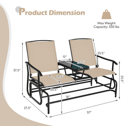 2-Person Double Rocking Loveseat with Mesh Fabric and Center Tempered Glass Table