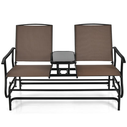 2-Person Double Rocking Loveseat with Mesh Fabric and Center Tempered Glass Table