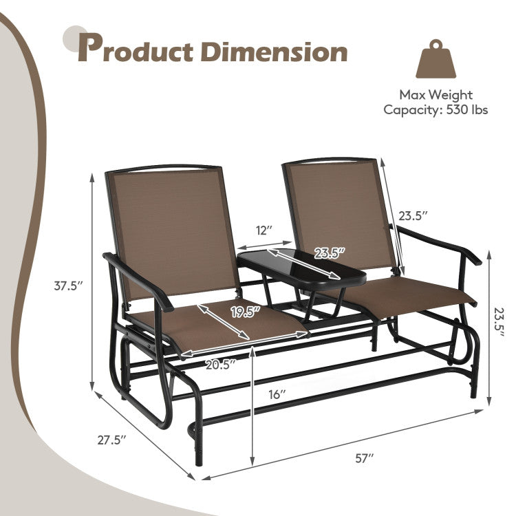 2-Person Double Rocking Loveseat with Mesh Fabric and Center Tempered Glass Table