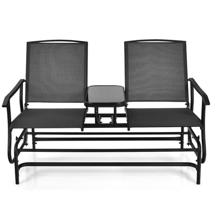 2-Person Double Rocking Loveseat with Mesh Fabric and Center Tempered Glass Table