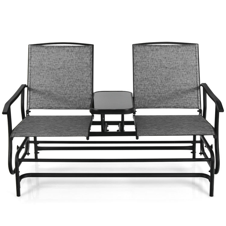 2-Person Double Rocking Loveseat with Mesh Fabric and Center Tempered Glass Table