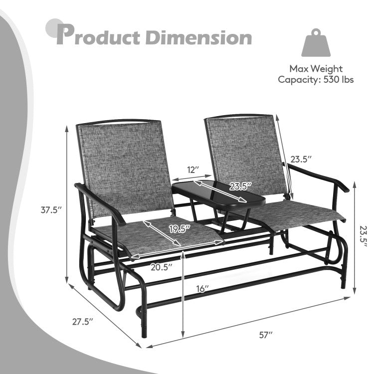 2-Person Double Rocking Loveseat with Mesh Fabric and Center Tempered Glass Table