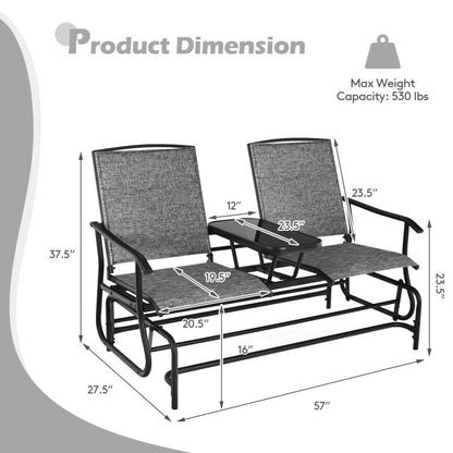 2-Person Double Rocking Loveseat with Mesh Fabric and Center Tempered Glass Table