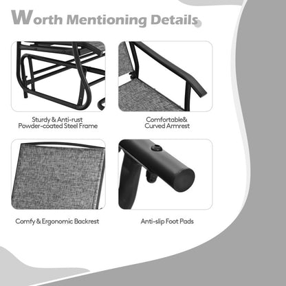 2-Person Double Rocking Loveseat with Mesh Fabric and Center Tempered Glass Table