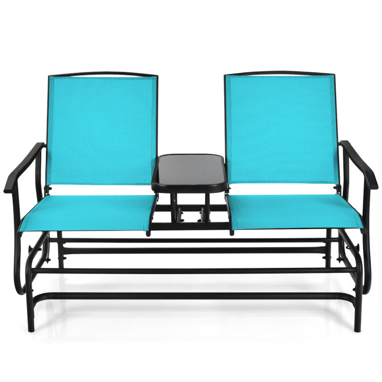 2-Person Double Rocking Loveseat with Mesh Fabric and Center Tempered Glass Table