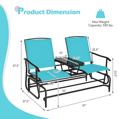 2-Person Double Rocking Loveseat with Mesh Fabric and Center Tempered Glass Table