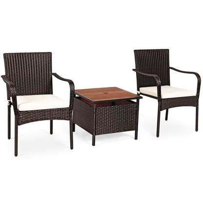 3-Piece Patio Rattan Furniture Bistro Set with Wood Side Table and Stackable Chair