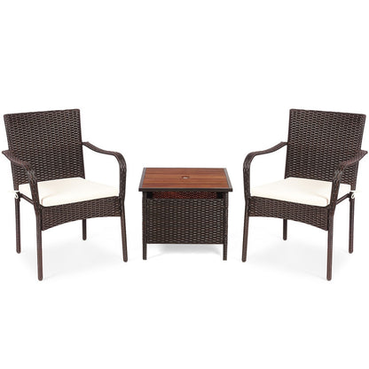 3-Piece Patio Rattan Furniture Bistro Set with Wood Side Table and Stackable Chair