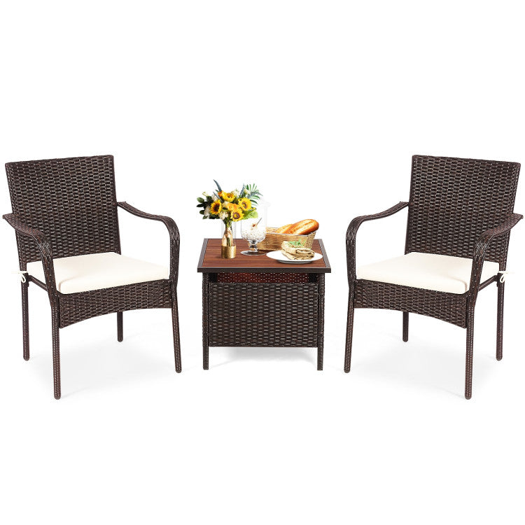 3-Piece Patio Rattan Furniture Bistro Set with Wood Side Table and Stackable Chair