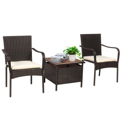 3-Piece Patio Rattan Furniture Bistro Set with Wood Side Table and Stackable Chair