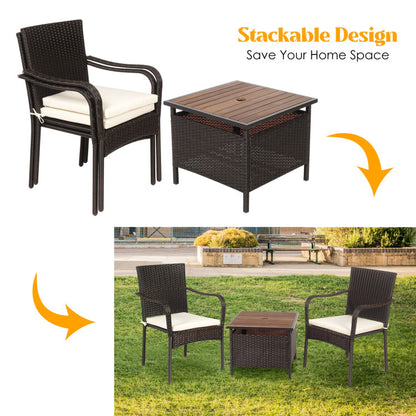 3-Piece Patio Rattan Furniture Bistro Set with Wood Side Table and Stackable Chair