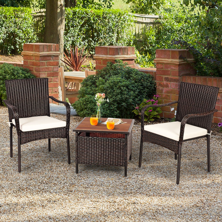 3-Piece Patio Rattan Furniture Bistro Set with Wood Side Table and Stackable Chair