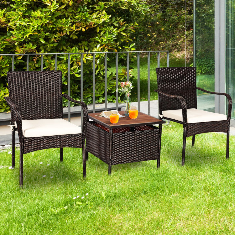 3-Piece Patio Rattan Furniture Bistro Set with Wood Side Table and Stackable Chair