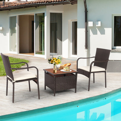 3-Piece Patio Rattan Furniture Bistro Set with Wood Side Table and Stackable Chair