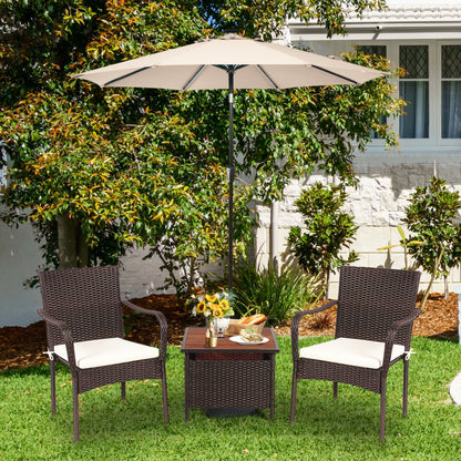 3-Piece Patio Rattan Furniture Bistro Set with Wood Side Table and Stackable Chair