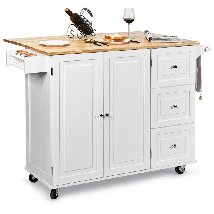 Kitchen Island Trolley Cart Wood with Drop-Leaf Tabletop and Storage Cabinet