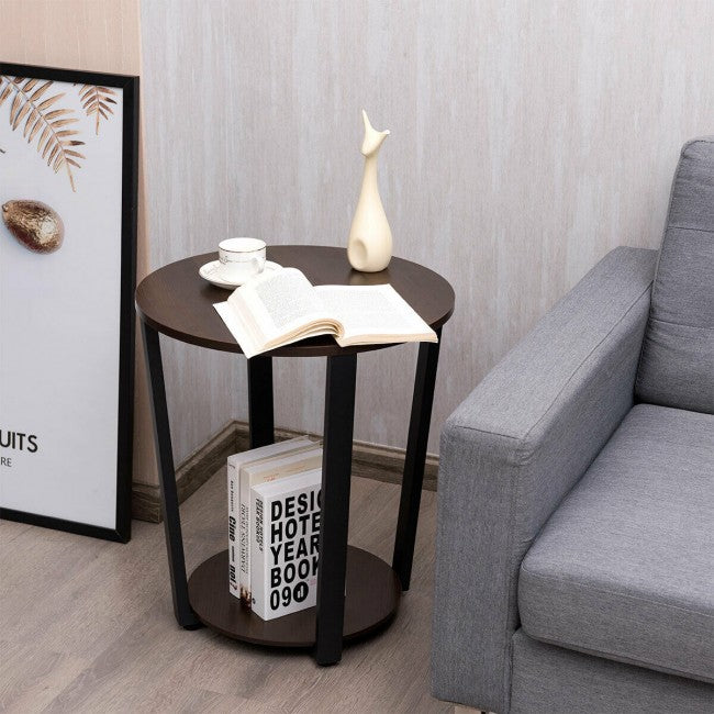 2-tier Round End Table with Storage Shelf & Metal Frame