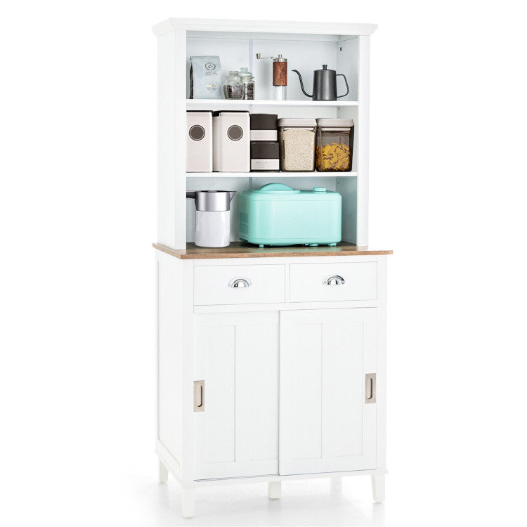 Freestanding Kitchen Pantry with Hutch Sliding Door and Drawer