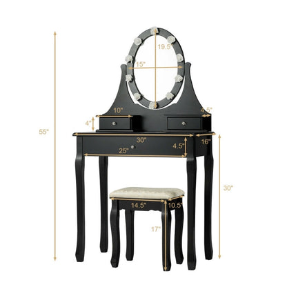 3 Drawers Lighted Mirror Vanity Dressing Table Stool Set