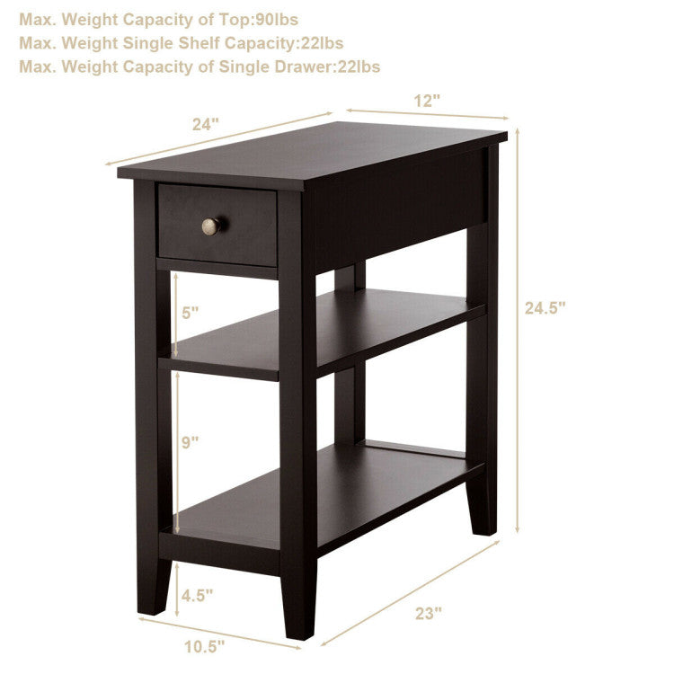 3-Tier End Table with Drawer slideway and Double Shelves