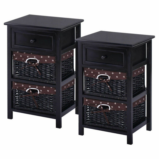 2 Pieces Wood Nightstand Set with 1 Drawer and 2 Baskets