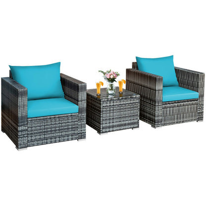 3-Piece Patio Rattan Furniture Bistro Sofa Set with Cushioned