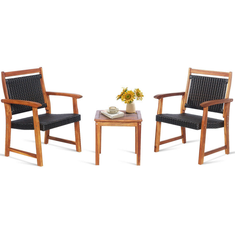 3-Piece Acacia Wood Framed Rattan Bistro Set