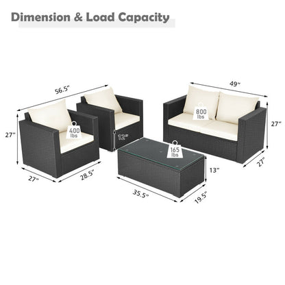 4-Piece Patio Rattan Conversation Set with Padded Cushion and Tempered Glass Coffee Table