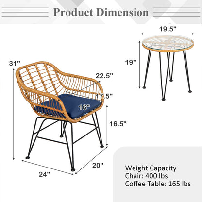 3-Piece Rattan Furniture Set with Cushioned Chair Table