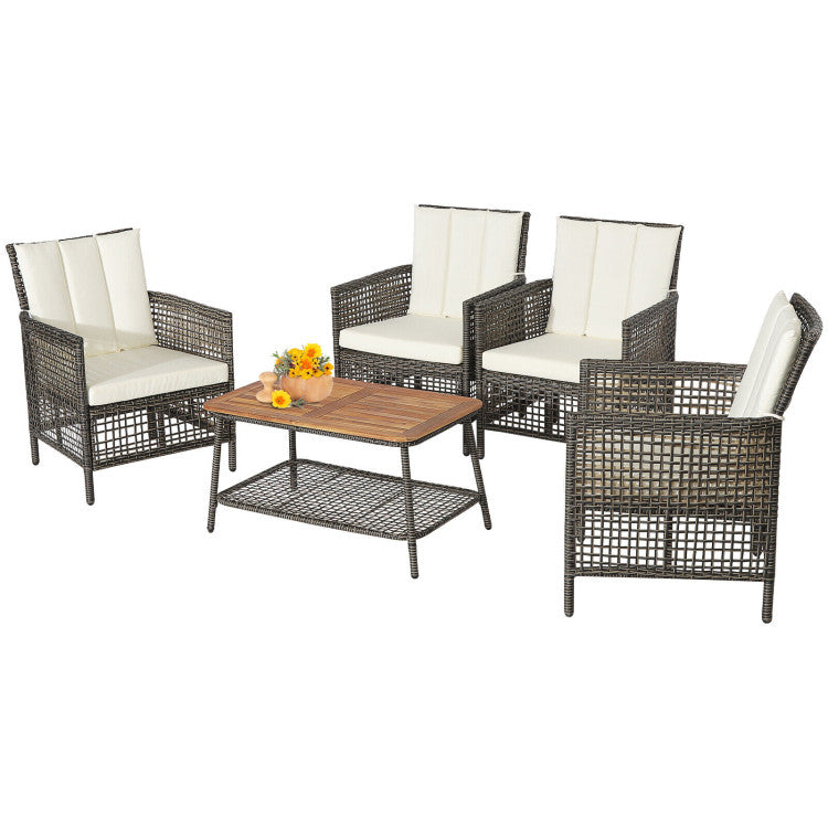 5 Pieces Patio Rattan Furniture Set Cushioned Sofa Armrest Wooden Tabletop