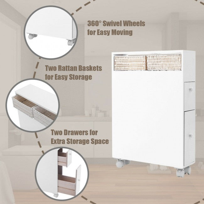 White Wooden Storage Cabinet Organizer with 4 Casters