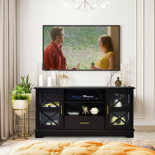 Glass Door TV Stand with Drawer Storage Shelves