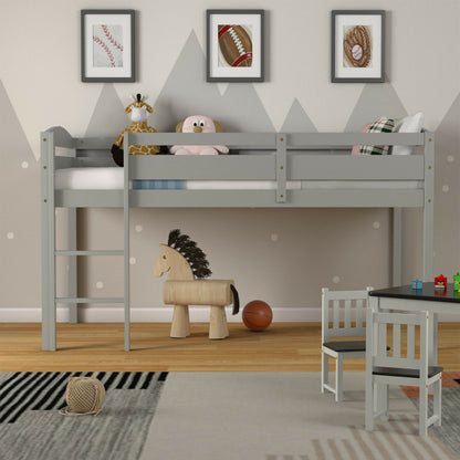 Wooden Twin Low Loft Bunk Bed with Guard Rail and Ladder