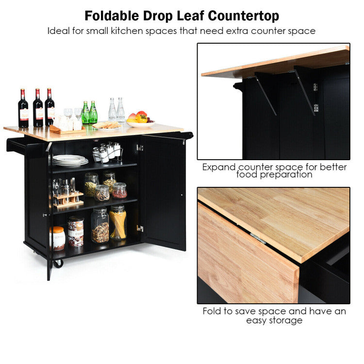 Kitchen Island Trolley Cart Wood with Drop-Leaf Tabletop and Storage Cabinet